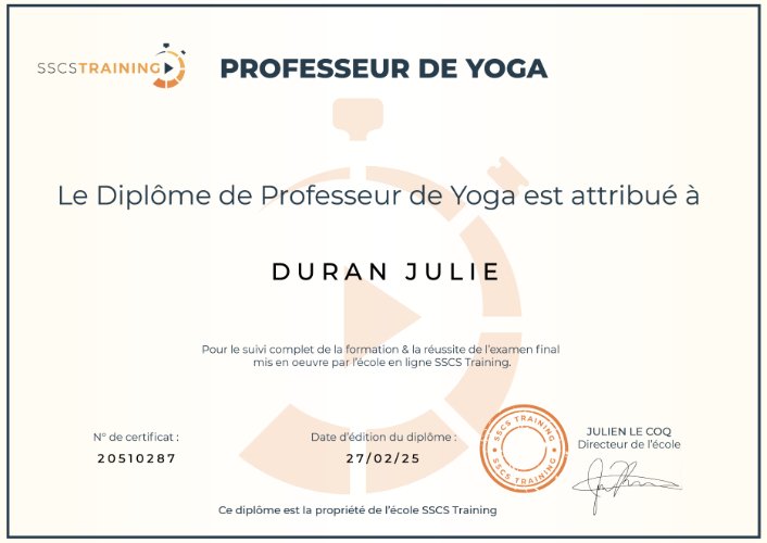 Diplôme formation Yoga Julie Duran La Source en Soi